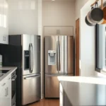 Compact kitchen with slim refrigerator in narrow alcove, island and pot rack.
