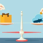 Balanced scale with boxed product on left, cloud icon on right, hand placing coin, symbolizing product vs service choice.